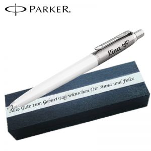 PARKER JOTTER ORIGINALS White Kugelschreiber mit Wunschgravur Mittlere Spitze Blaue Tinte Geschenkbox mit Gravur
