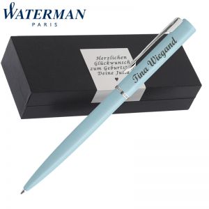 Waterman Allure Pastel Blue Kugelschreiber | Wunschgravur auf Stift & Box | Messing