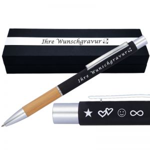 Kugelschreiber mit Gravur mit Bambusgriffzone | blau schreibend | Kugelschreiber personalisiert | 