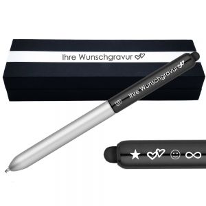 Kugelschreiber Schwarz / Silber mit Gravur | Wunschgravur mit Emojis möglich | Kugelschreiber Geschenk personalisiert | Touchpen-Spitze