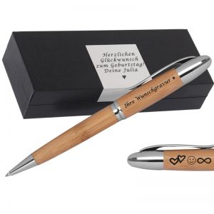 Kugelschreiber aus Bambus mit Gravur | blau schreibend | Kugelschreiber personalisiert | 
