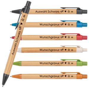Kugelschreiber aus Bambus mit Wunschgravur | Nachhaltig | Emojis möglich | Blauschreibend | farbige Applikationen aus Weizenstroh | Werbekugelschreiber personalisiert