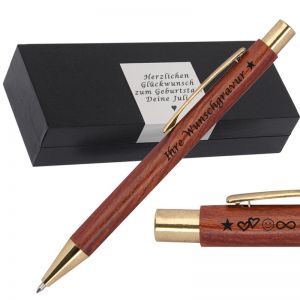 Kugelschreiber aus Holz  mit goldenen Applikationen | blau schreibend | Kugelschreiber personalisiert | 