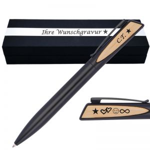 Schwarzer Kugelschreiber mit Gravur mit Bambusapplikationen auf beiden Seiten | blau schreibend | Kugelschreiber personalisiert | 