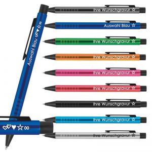 Kugelschreiber mit Gravur | Emoji Gravur möglich | Werbekugelschreiber personalisiert | Blau schreibende Mine | Extravagante Griffzone | Metall Druckkugelschreiber mit Wunschgravur