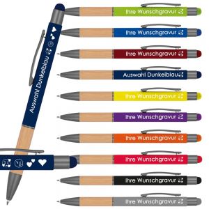 Juwelier Schönschmied Kugelschreiber mit Gravur mit Bambusgriffzone | blau schreibended | Touchfunktion | Wunschgravur mit Emojis möglich | Werbekugelschreiber personalisiert