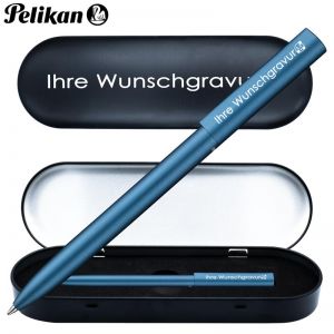 Pelikan Kugelschreiber Ineo® mit Gravur | inkl. Etui mit Wunschgravur (Platz für 10 Stifte) | Petrol - Blau |