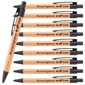 Kugelschreiber aus Bambus mit Wunschgravur | Emoji Gravur | Werbekugelschreiber personalisiert | Nachhaltig | blauschreibend | ø11 x 142 mm