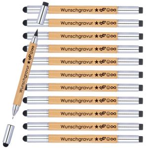 2in1 Kugelschreiber & radierbarer endlos Mine | Kugelschreiber mit Wunschgravur | blau schreibend | Touchfunktion | Bambus | passender Radiergummi | personalisiert