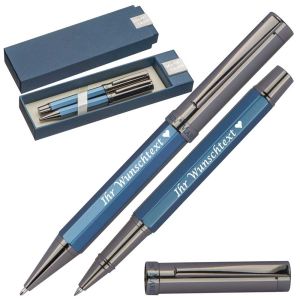 Mark Twain Schreibset mit Gravur | Kugelschreiber & Rollerball | blau schreibend | hochwertiges Metall | personalisierte Kullis | Gravierter Kugelschreiber mit Name