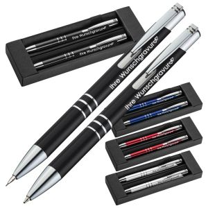 Schreibset mit Kugelschreiber & Druckbleistift aus Metall mit Gravur | blau schreibender Kugelschreiber | personalisierte Kullis | Gravierter Kugelschreiber mit Name